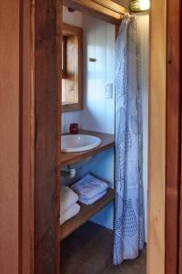 a bathroom with a sink and a shower curtain at Calida Mini Casa in San Carlos de Bariloche