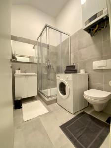 łazienka z pralką i toaletą w obiekcie Central Apartment in Vienna near metro (800m) - T21 w Wiedniu