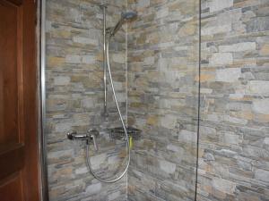 La salle de bains est pourvue d'une douche et d'un mur en pierre. dans l'établissement Holiday Home Bertino by Interhome, à Cugnasco