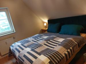 ein Schlafzimmer mit einem Bett mit blauen Kissen und einem Fenster in der Unterkunft Apartment Räuberhauptmann Karasek by Interhome in Hain