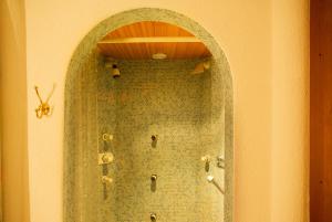baño con ducha y puerta de cristal en Appart Andrea, en Lech am Arlberg