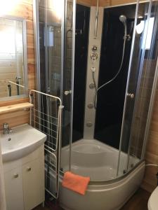 ein Bad mit einer Dusche und einem Waschbecken in der Unterkunft Domki Letniskowe Korsarz in Rowy