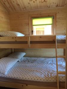 dwa łóżka piętrowe w drewnianym domku z oknem w obiekcie Domki Letniskowe Korsarz w Rowach