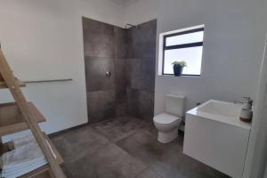 une salle de bain avec toilettes, lavabo et fenêtre dans l'établissement Bestuis Cottages - Die Walvis, à Klapmuts