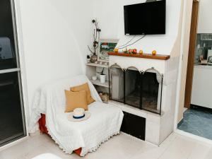 sala de estar con chimenea y TV en Apartmani Dragobratović, en Komarna