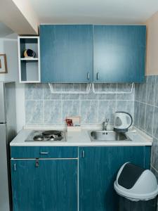 una cocina con armarios azules y fregadero en Apartmani Dragobratović, en Komarna