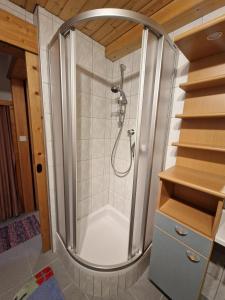a shower in a small bathroom with a staircase at Haus Frei-Nagele in Alpbach