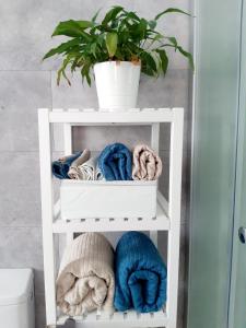 een wit handdoekenrek met handdoeken en een plant bij Große Altbauwohnung auf dem Land in Kallham