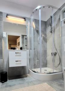 bagno con doccia e cabina in vetro di Apartment Modern, balcony, 5 os, DOWN TOWN a Cracovia