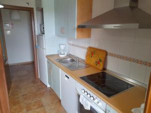 cocina pequeña con fregadero y fogones en Finim Solis Apartamentos, en Ayamonte