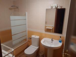 łazienka z toaletą, umywalką i lustrem w obiekcie Finim Solis Apartamentos w mieście Ayamonte