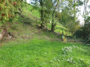 une colline herbeuse avec une clôture avec des drapeaux sur elle dans l'établissement Chalet le logis des autre, à Vireux-Wallerand