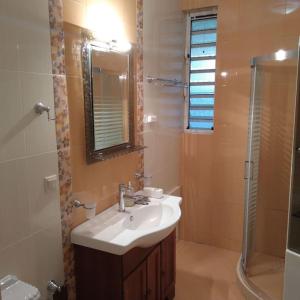 uma casa de banho com um lavatório e um chuveiro em Ευρύχωρο διαμέρισμα σε ήσυχη γειτονιά em Kalamata