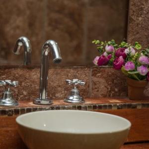 a sink in a bathroom with two faucets and flowers at Nelumbo Petit Chalet in San Rafael