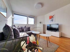 uma sala de estar com um sofá e uma televisão em Near Lake Stylish & Fully Furnished Apartment em Viena