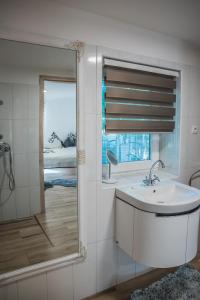 uma casa de banho com um lavatório e um espelho em Léleksimogató Vendégház em Kiskunhalas