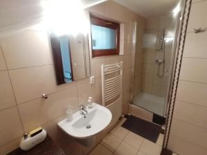 a bathroom with a sink and a shower at Penzión Turzov in Gelnica