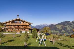 a large wooden house with a playground in front of it at Ferienwohnung Schwalbennest in Hopfgarten im Brixental