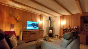 ein Wohnzimmer mit 2 Sofas und einem Flachbild-TV in der Unterkunft Belle Vie sur les pistes in Veysonnaz