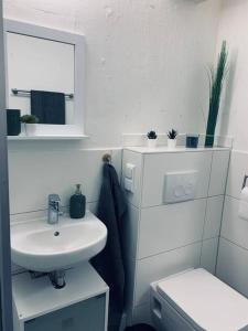 een witte badkamer met een wastafel en een toilet bij modernes 1-Raum Apartment für Monteure (WORK 1) in Cottbus