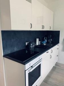 een keuken met witte kasten en een zwart aanrecht bij modernes 1-Raum Apartment für Monteure (WORK 1) in Cottbus