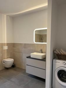 a bathroom with a sink and a washing machine at Apartments Lily in Ljubljana