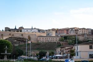 een stad met een hoop gebouwen op een heuvel bij Casa Antequeruela in Toledo