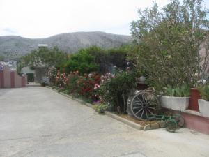 a garden with a bunch of flowers and a cart at Apartments Vesna in Pag