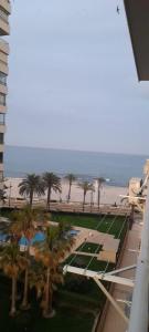 vistas a una playa con palmeras y al océano en Apartamento Voramar Primera Linea de Mar, en El Campello