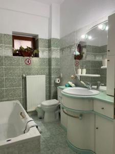 a bathroom with a sink and a toilet and a tub at Nikola's Garden 