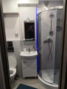 a man taking a picture of a bathroom with a shower at Apartament przy Parku in Żywiec