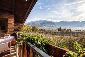 a balcony with a view of a vineyard and mountains at Adang Ferienwohnung Mutspitz in Tirolo