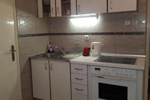 a small kitchen with a stove and a sink at Apartman Panorama Glavna ulica in Užice