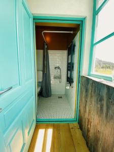 a bathroom with a walk in shower with a shower at Comandau 11 in Comandău