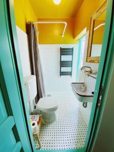 a small bathroom with a toilet and a sink at Comandau 11 in Comandău +39 photos