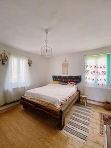 ein Schlafzimmer mit einem Bett und zwei Fenstern in der Unterkunft Comandau 11 in Comandău