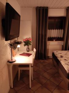 Cette chambre comprend un bureau, une télévision et un lit. dans l'établissement Gäste Apartement Casa Luber, à Thalmassing