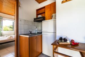 a kitchen with a white refrigerator and a sink at Pantelios Village apartment 3 in Kefallonia