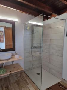 a bathroom with a glass shower and a sink at Habitacion Alunita in Nazaret
