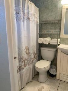 a bathroom with a toilet and a shower curtain at Cozy Coastal Beach Retreat in Clearwater Beach