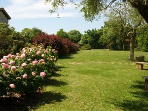 um jardim com rosas rosas e um banco em Casale Eredità em Orte