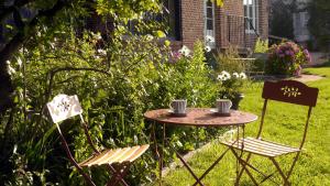 two cups of coffee sitting on a table in a garden at Entre Terre et Estuaire & Spa in La Rivière Saint Sauveur