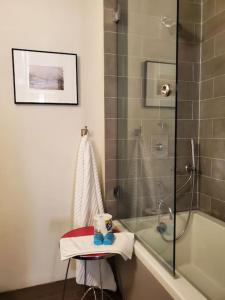a bathroom with a shower and a sink and a tub at Beach Street Loft in Boston