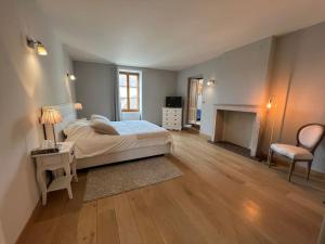 1 dormitorio grande con 1 cama y chimenea en La Bastide De Chassagne-Montrachet, en Chassagne-Montrachet