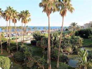 a view of the beach from a resort with palm trees at Luxury apt Alamos beach Torremolinos (Costa Lago) in Torremolinos