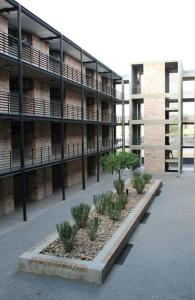 a building with a row of plants in a courtyard at Luxury Apartment near Grove Mall & Hospital Airbnb VELDT Suite in Windhoek