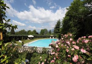 una piscina en un jardín con rosas rosas en Villa Ghiringhelli en Azzate