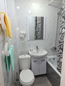 y baño con aseo, lavabo y espejo. en Однокомнатная квартира в центре Петропавловска, en Petropavlovsk