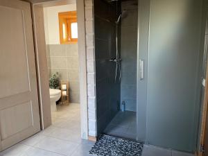 W łazience znajduje się prysznic ze szklanymi drzwiami. w obiekcie Dore w mieście Lielvārde