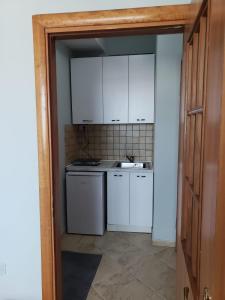 地拉那的住宿－Agroni Rooms，厨房配有白色橱柜和水槽